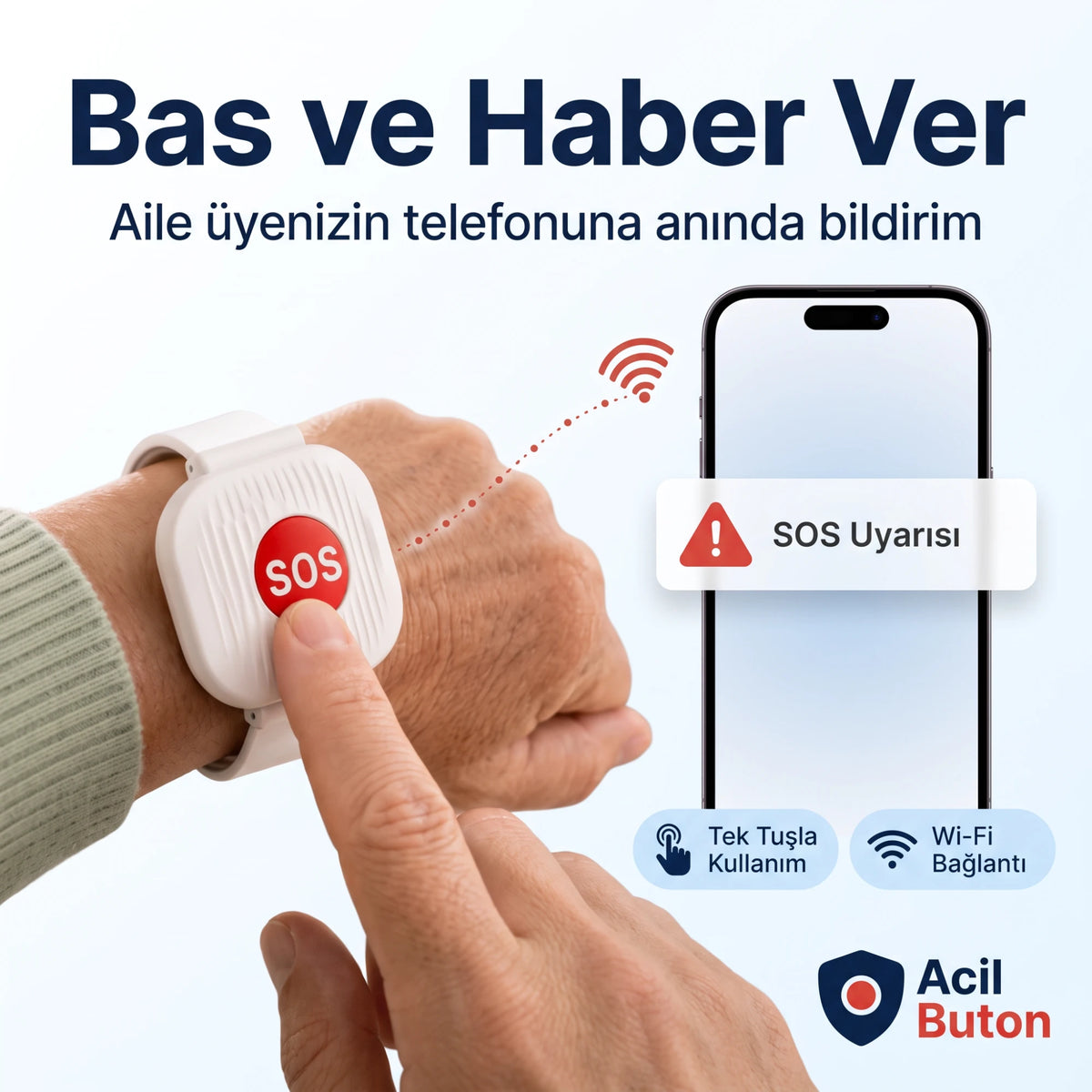Bilekteki SOS tuşuna basılıyor, telefonda SOS uyarısı beliriyor