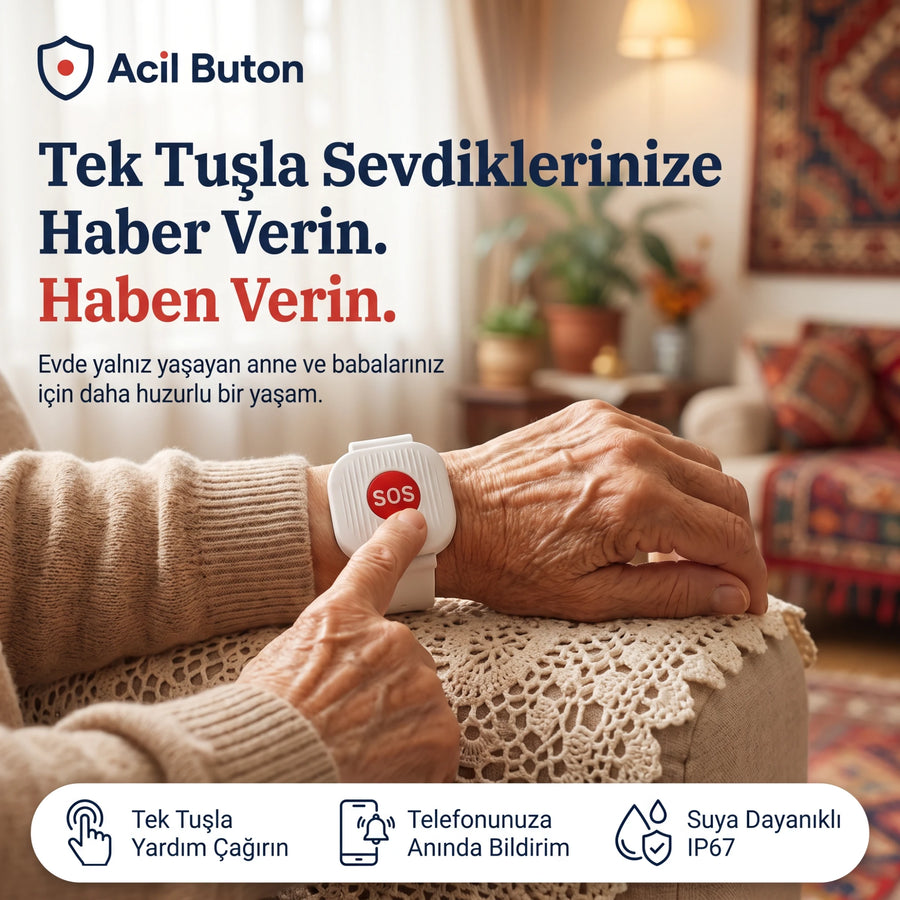 Yaşlı bir kadın bileğindeki SOS tuşuna basıyor
