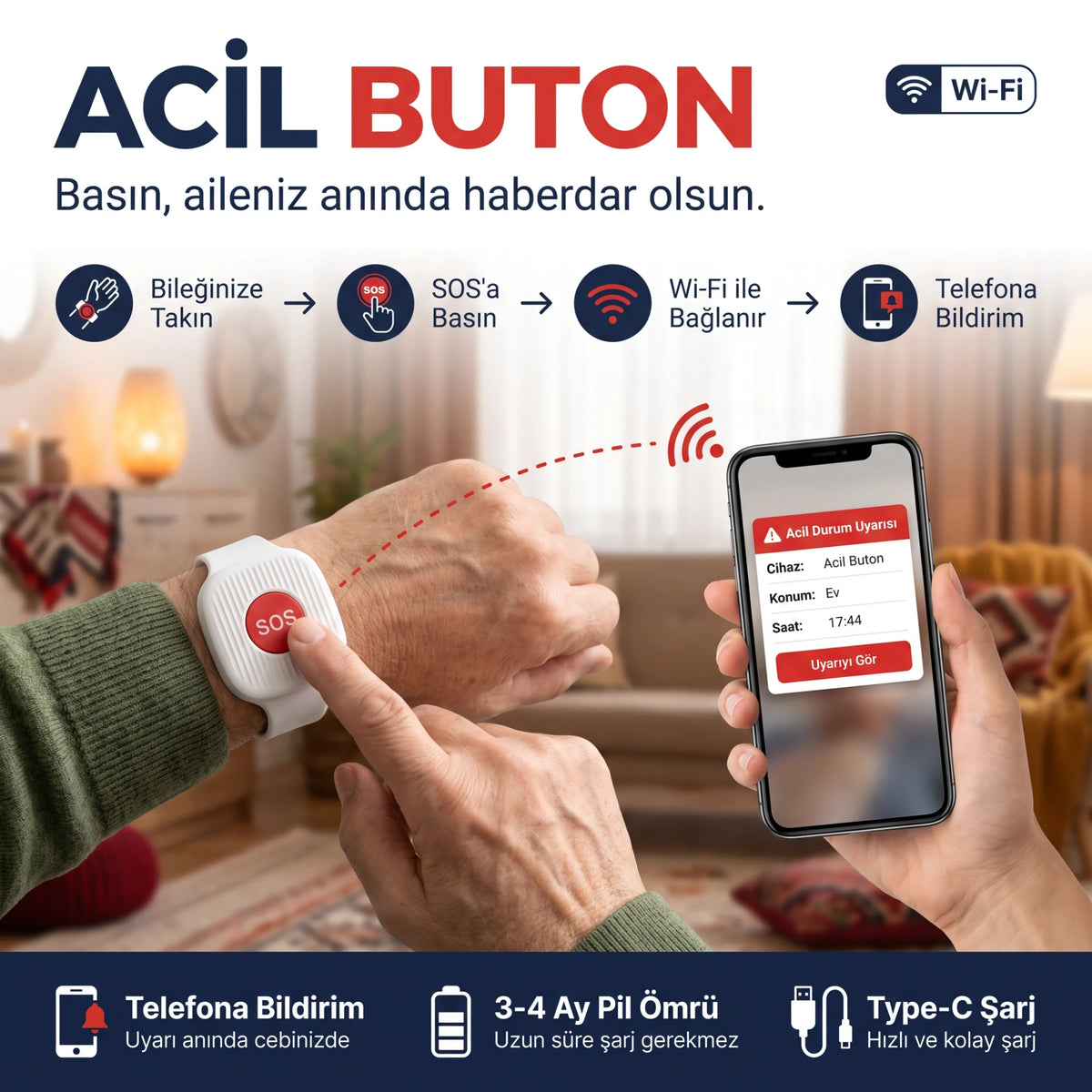 Kullanım adımları: takın, basın, Wi-Fi ile bağlanır, telefona bildirim