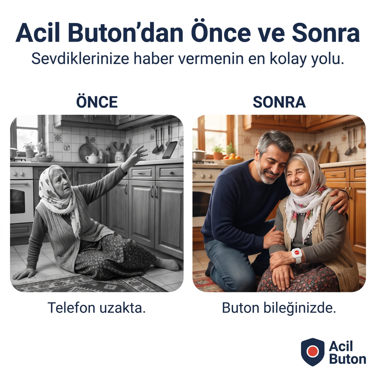 Acil Buton'dan önce ve sonra: telefon uzakta, buton bileğinizde